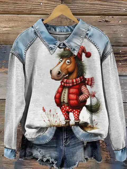 Funny Horse Print Casual Denim Patchwork Sweatshirt