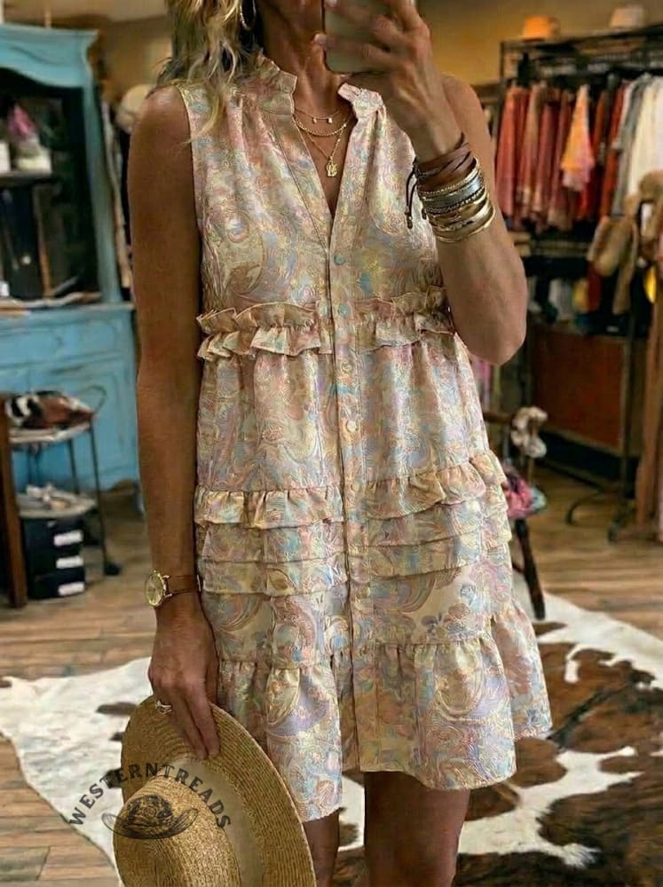 Vintage Art Print Casual Ruffle Sleeveless Dress