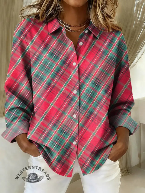 Women's Christmas color plaid Print Casual Cotton Shirt