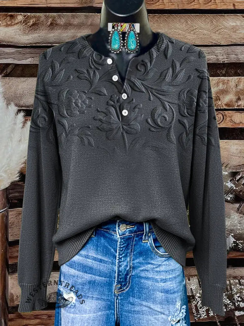 Retro 3d Floral Visual Gradient Print Buttoned Cardigan Sweater