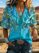 Women's Retro Art Puff Sleeve Casual Shirt