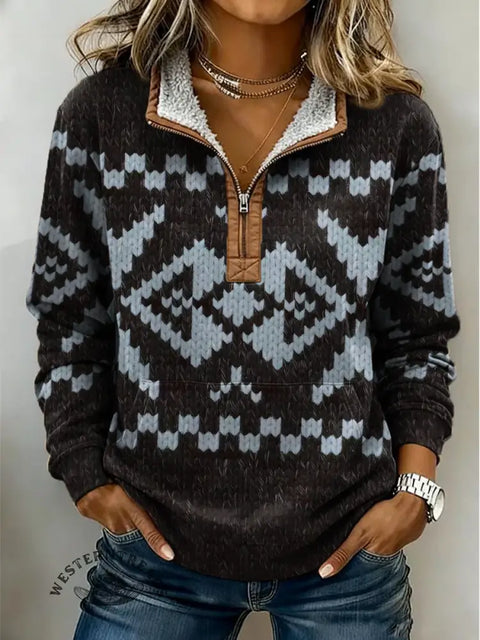 Retro Art Pattern Casual Half-Zip Cotton Sweatshirt