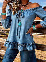 Women's Off Shoulder Ruffled Casual Denim Top