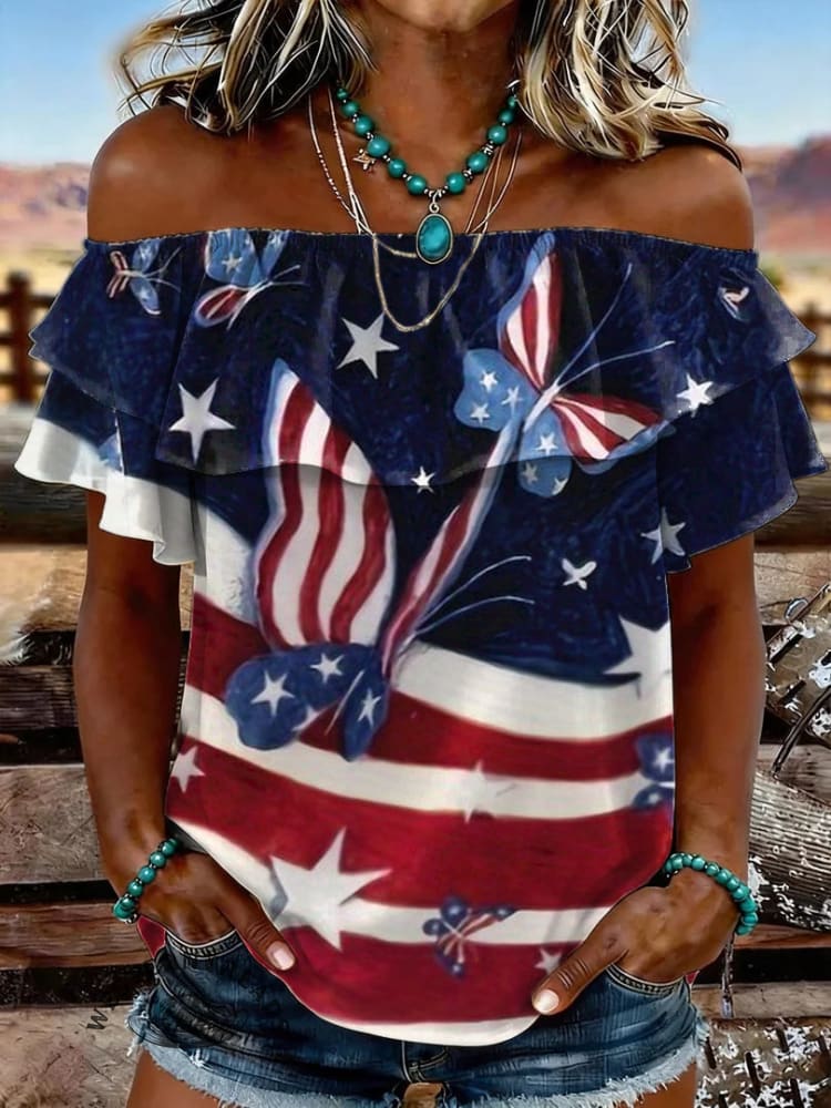 Women's Vintage US Independence Day Butterfly Print Elastic Off-Shoulder Double-Layer Casual Shirt
