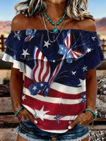 Women's Vintage US Independence Day Butterfly Print Elastic Off-Shoulder Double-Layer Casual Shirt