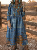 Vintage Elegant Denim Aztec Art Dress