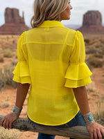 Women's Retro Lapel Puff Sleeve Ruffle Casual Shirt