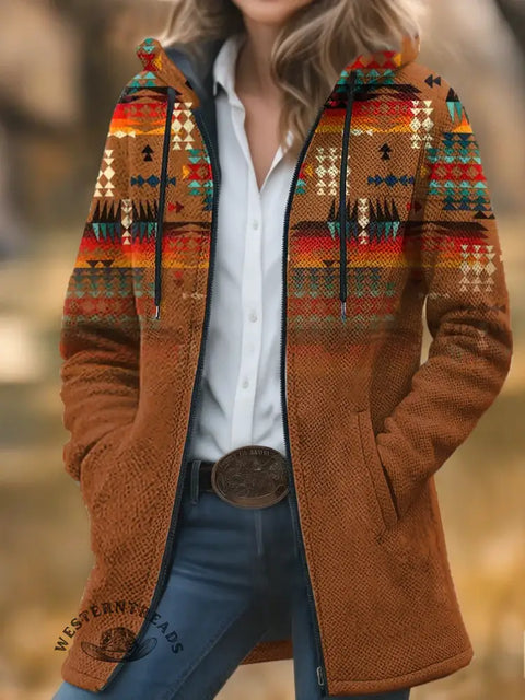 Retro Aztec Unisex Plush Thick Long-Sleeved Cardigan Coat