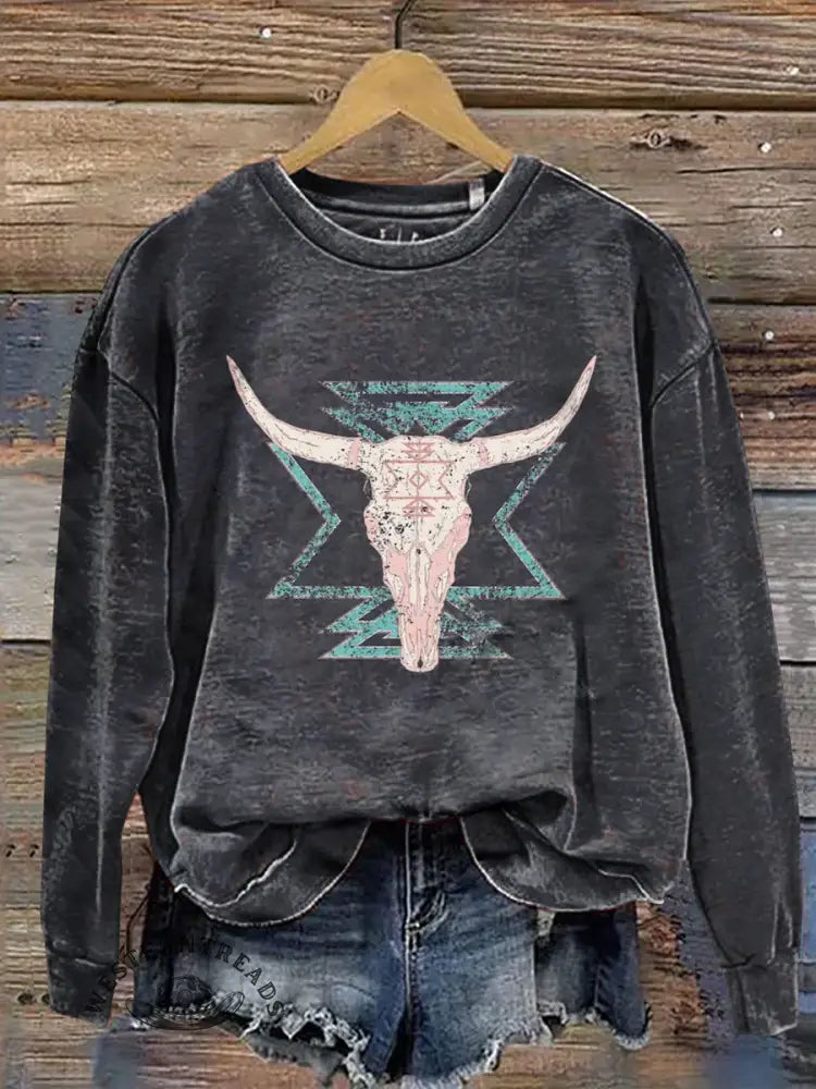 Vintage Western Aztec Bull's Head Art Prints Casual Cotton Sweatshirt