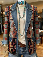 Southwestern Art Print Patchwork Denim Sweater Cardigan Coat