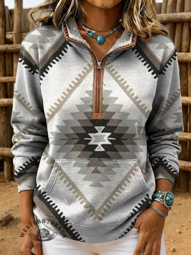 Retro Aztec Print Casual Half-zip Cotton Sweatshirt