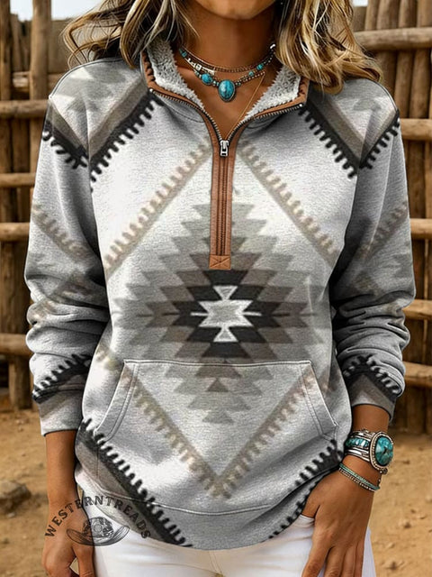 Retro Aztec Print Casual Half-zip Cotton Sweatshirt