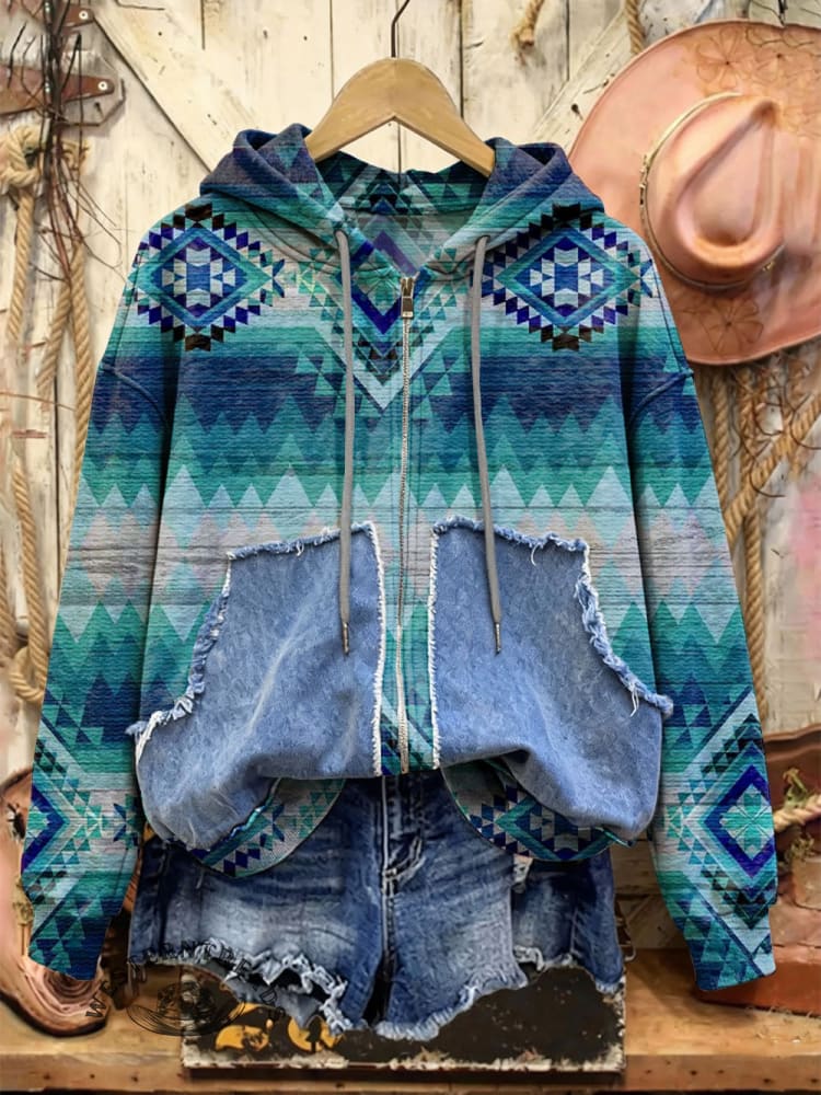 Retro Print Casual Cotton Patchwork Hooded Zip-up Sweatshirt