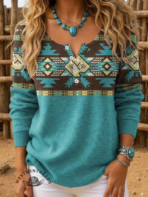 Aztec Art Print Buttoned Cardigan Sweater