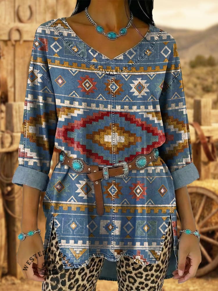 Vintage Elegant Denim Aztec Art Shirt
