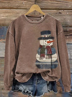 Retro Denim Patchwork Visual Snowman Casual Cotton Sweatshirt