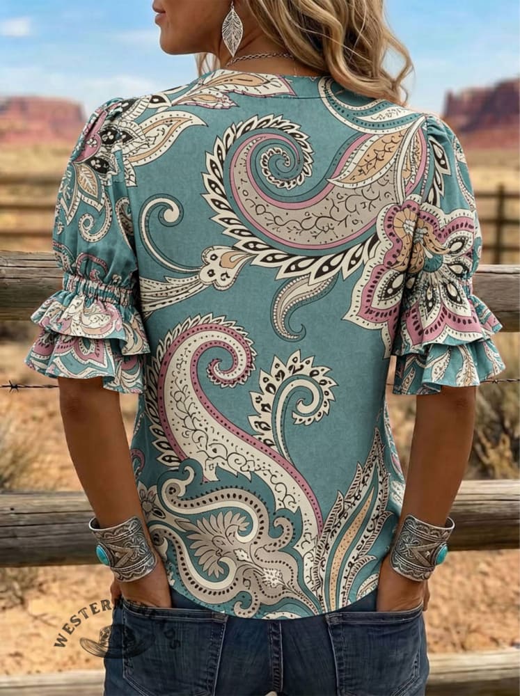 Women's Paisley Print Puff Sleeve Casual Shirt