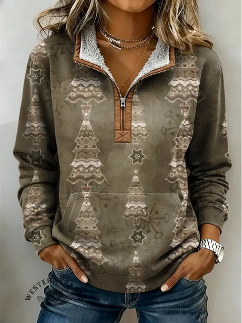 Retro Christmas Print Casual Half-Zip Cotton Sweatshirt