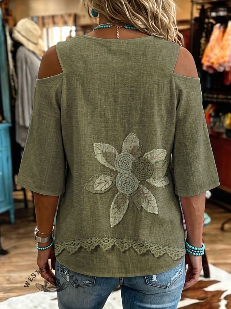 Women's Vintage Flowers Print Off-shoulder Patchwork Casual Shirt