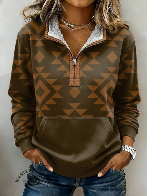 Aztec Print Casual Half-zip Cotton Sweatshirt