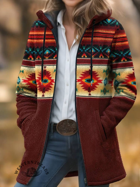 Aztec Print Unisex Plush Thick Long-sleeved Cardigan Coat