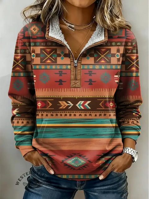 Simple Art Print Casual Half-Zip Cotton Sweatshirt