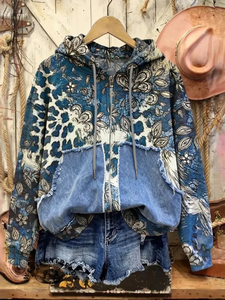 Retro Western Print Casual Cotton Patchwork Hooded Zip-up Sweatshirt