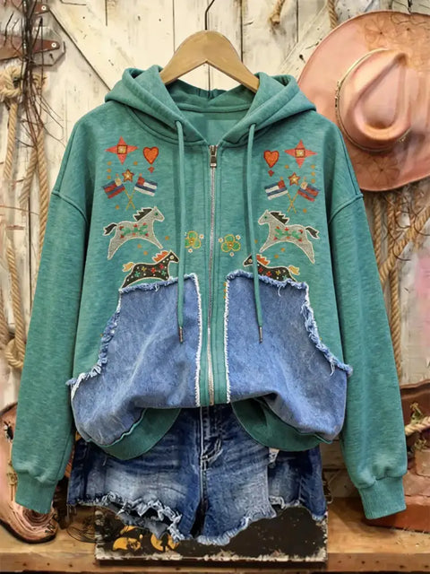 Retro Western Print Casual Cotton Patchwork Hooded Zip-up Sweatshirt