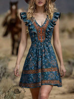 Women's Vintage Patchwork Casual V-neck Ruffled Dress