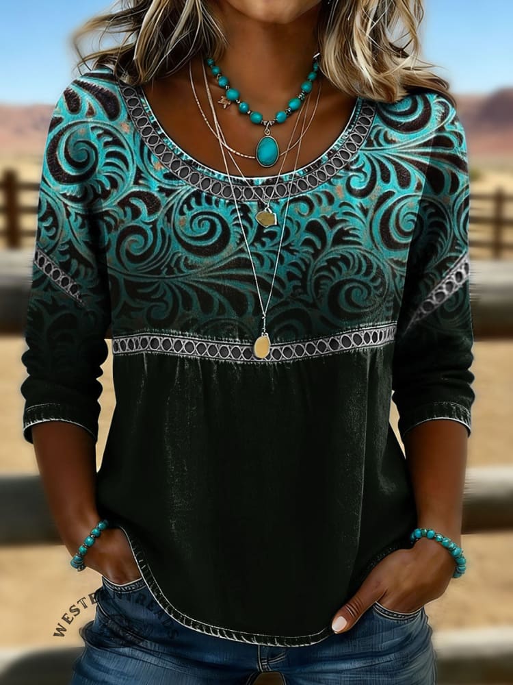 Women's Vintage Art Print Casual Hollow Denim Shirt