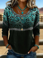 Women's Vintage Art Print Casual Hollow Denim Shirt