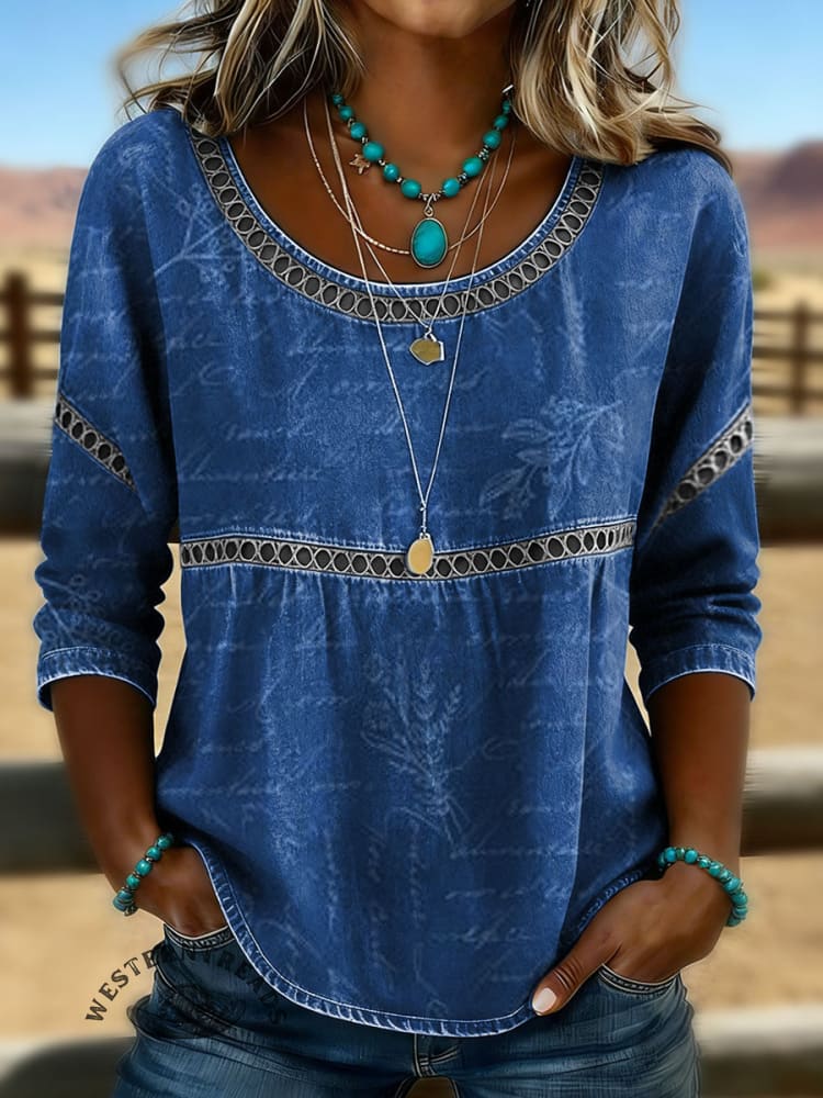 Women's Vintage Print Casual Hollow Denim Shirt