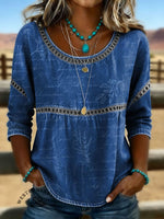 Women's Vintage Print Casual Hollow Denim Shirt