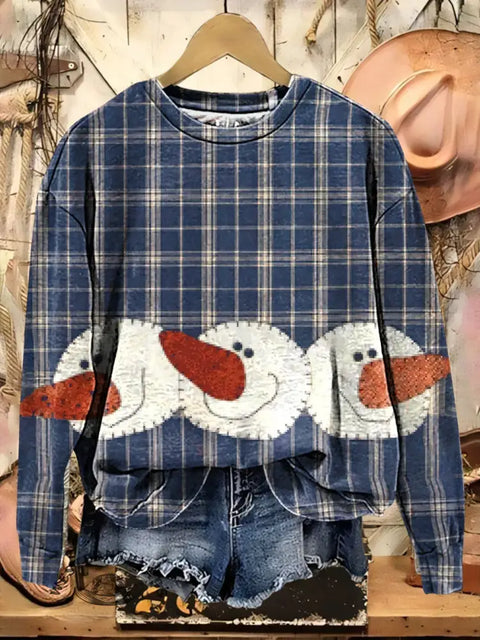 Retro Patchwork Snowman Art Casual Cotton Sweatshirt