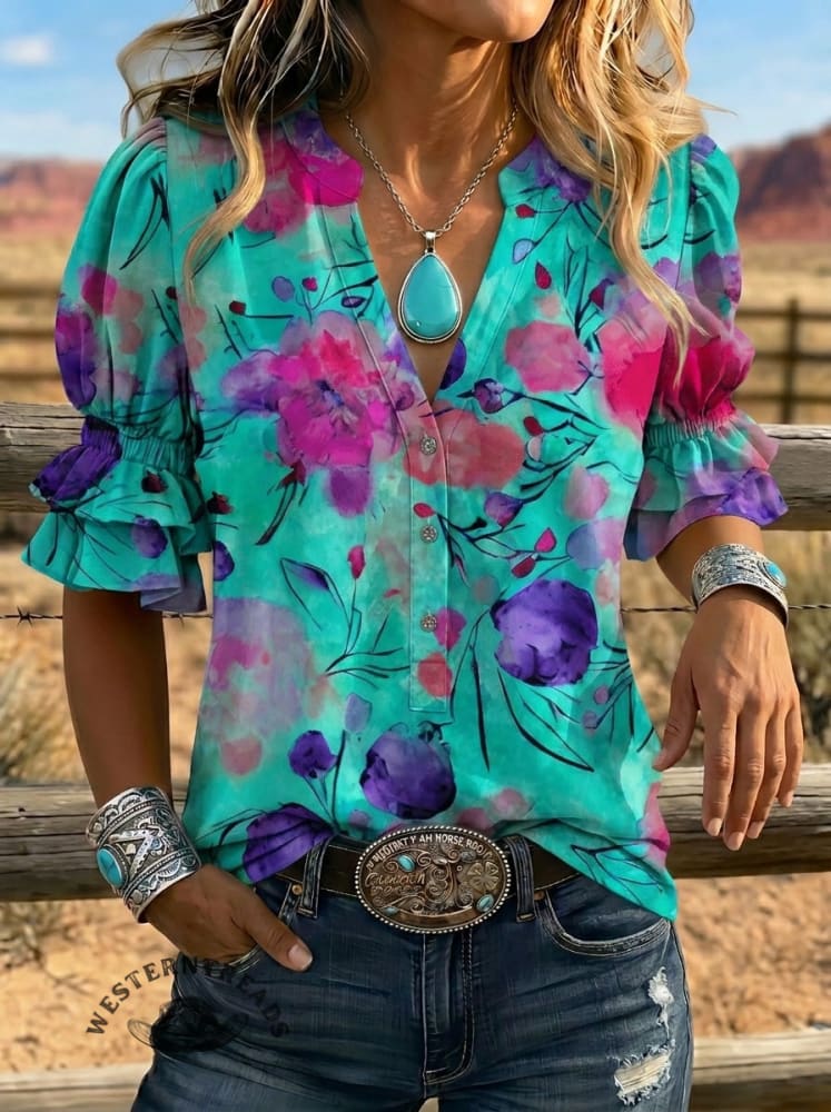 Women's Retro Floral Art Puff Sleeve Casual Shirt