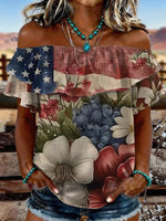 Women's Vintage US Independence Day Flowers Print Elastic Off-Shoulder Double-Layer Casual Shirt