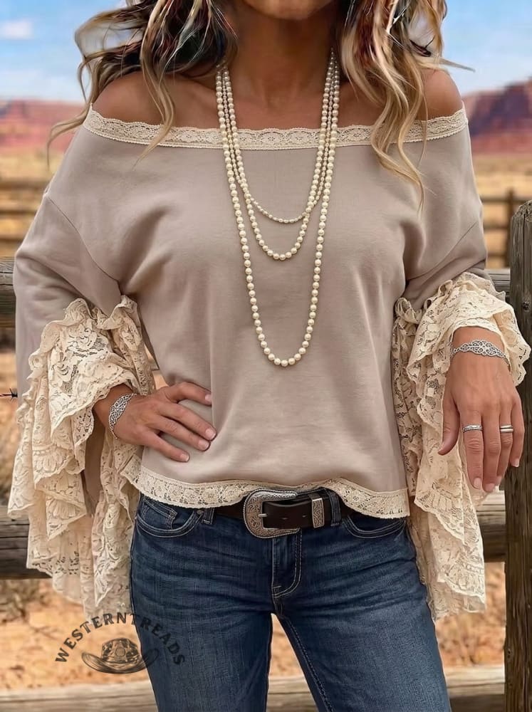 Romantic Lace Patchwork Bell Sleeve Top - Off-Shoulder Blouse