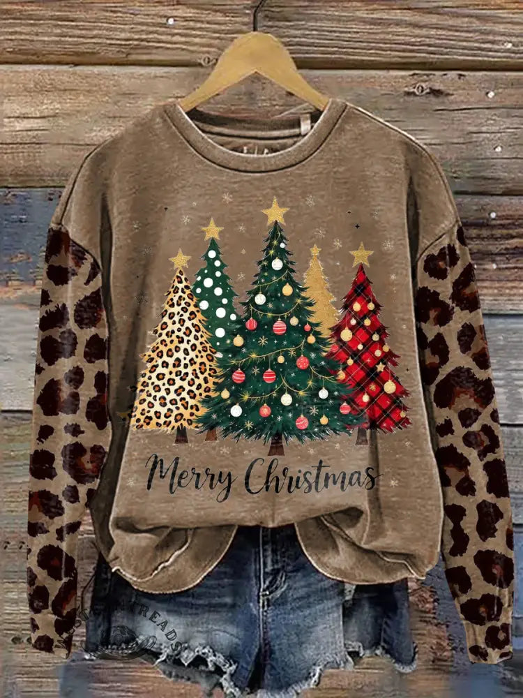 Leopard Print Christmas Tree Casual Cotton Sweatshirt