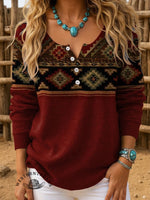 Women's Vintage Aztec Print Henley Neck Sweater Top