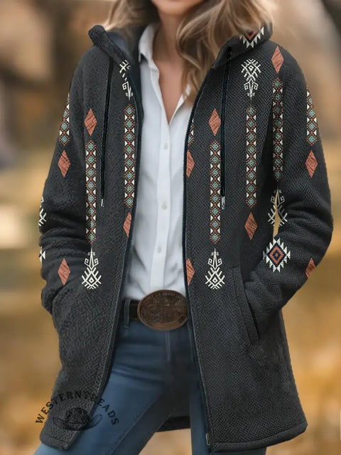 Aztec Print Unisex Plush Thick Long-Sleeved Cardigan Coat