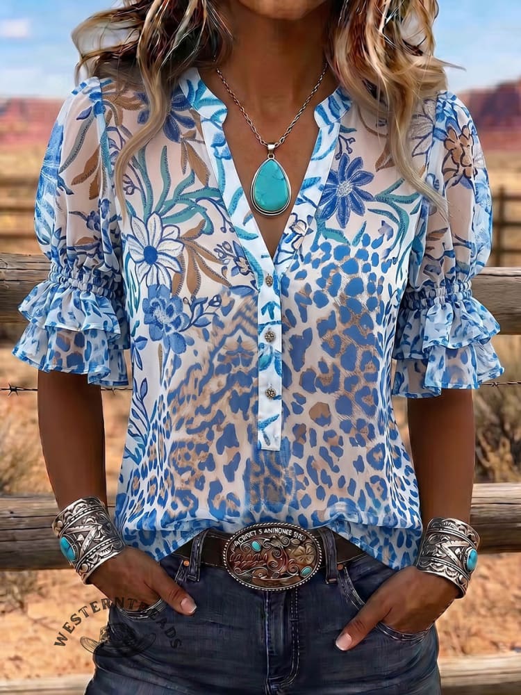 Vintage Art Print Comfortable Summer Fabrics Puff Sleeve Casual Shirt