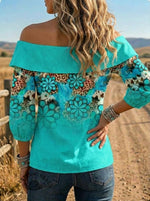 Women's Turquoise Art Casual Bow-neck Off Shoulder Shirt