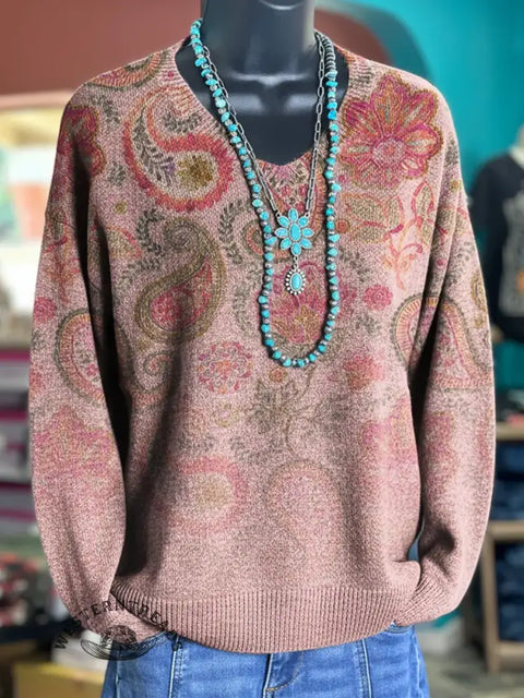 Pink Paisley Print Casual V-Neck Sweater