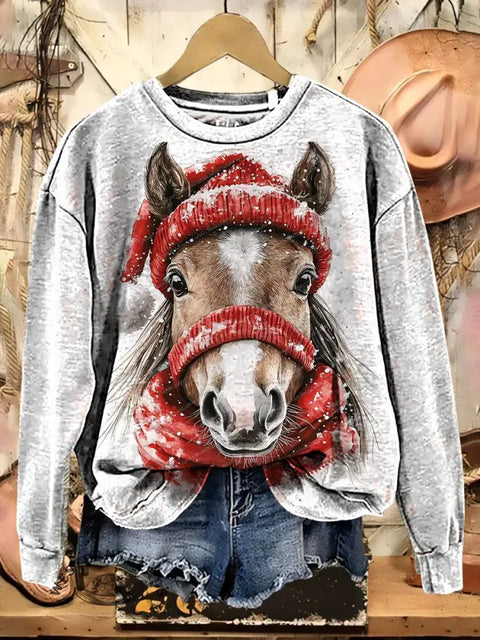 Retro Horse Art Casual Cotton Sweatshirt