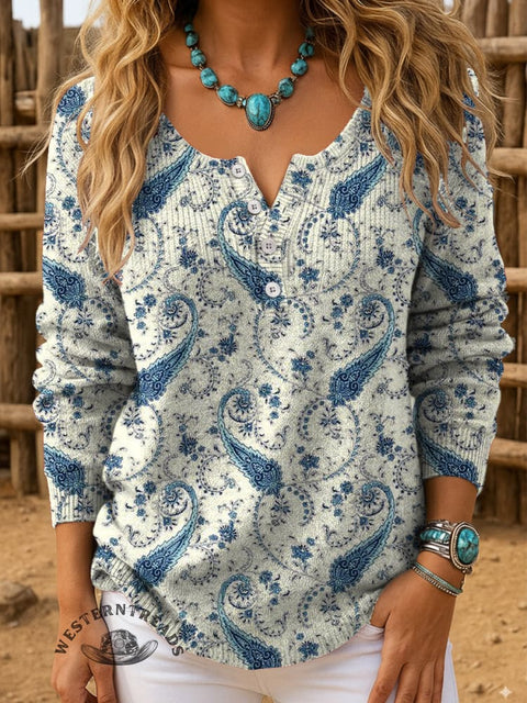 Floral Art Print Buttoned Cardigan Sweater