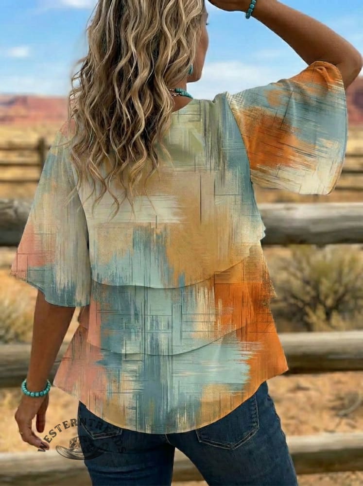 Vintage Art Patchwork Design Layered Ruffle Shirt