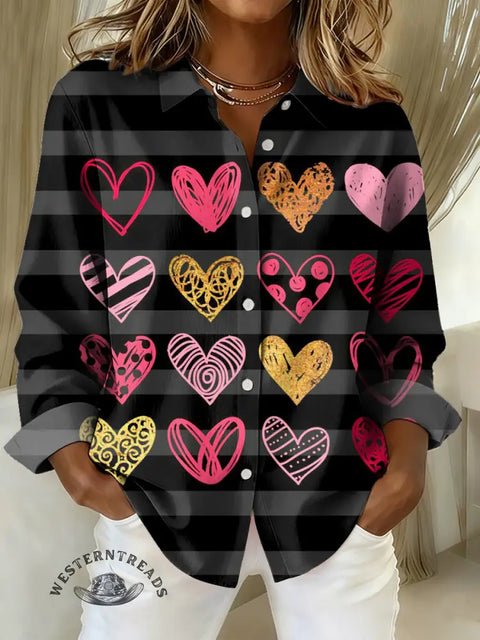 Women's striped hearts Print Casual Cotton Shirt