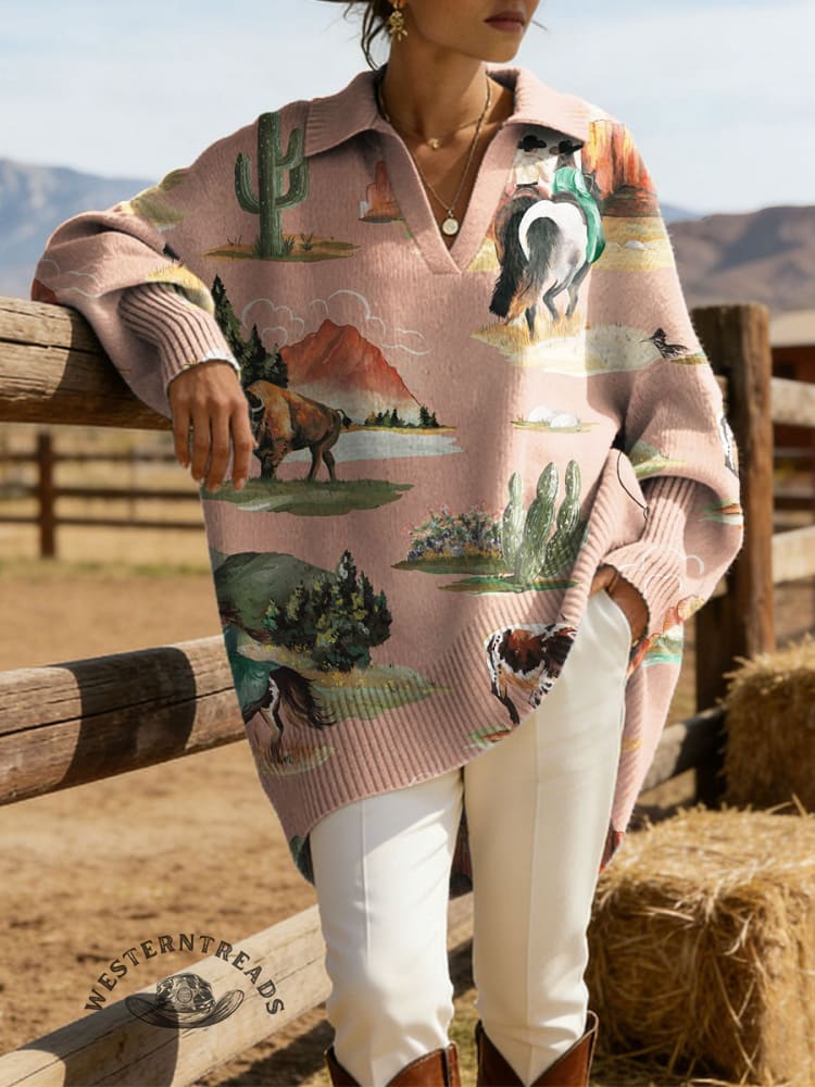 Women's Western Art Print Casual Lapel Sweater