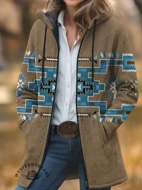 Retro Art Pattern Unisex Plush Thick Long-Sleeved Cardigan Coat