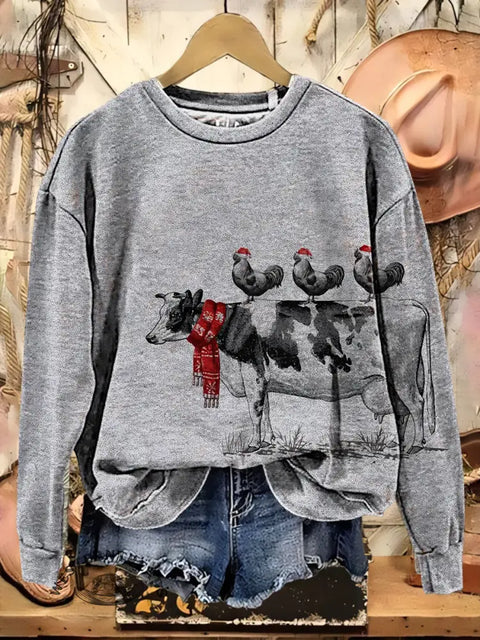 Cow Chicken Art Casual Cotton Sweatshirt